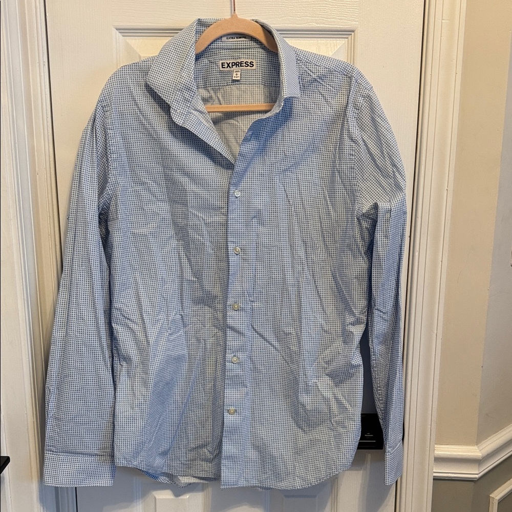 Express Men’s Extra Slim Fit Blue Patterned Button Down Dress Shirt Sz L 16-16.5